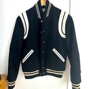 AUTHENTICATED SAINT LAURENT BLACK W/ WHITE LEATHER TRIM TEDDY BOMBER JACKET FR36